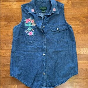 Vintage Blue Denim Button Up Vest with Floral Embroidery Details